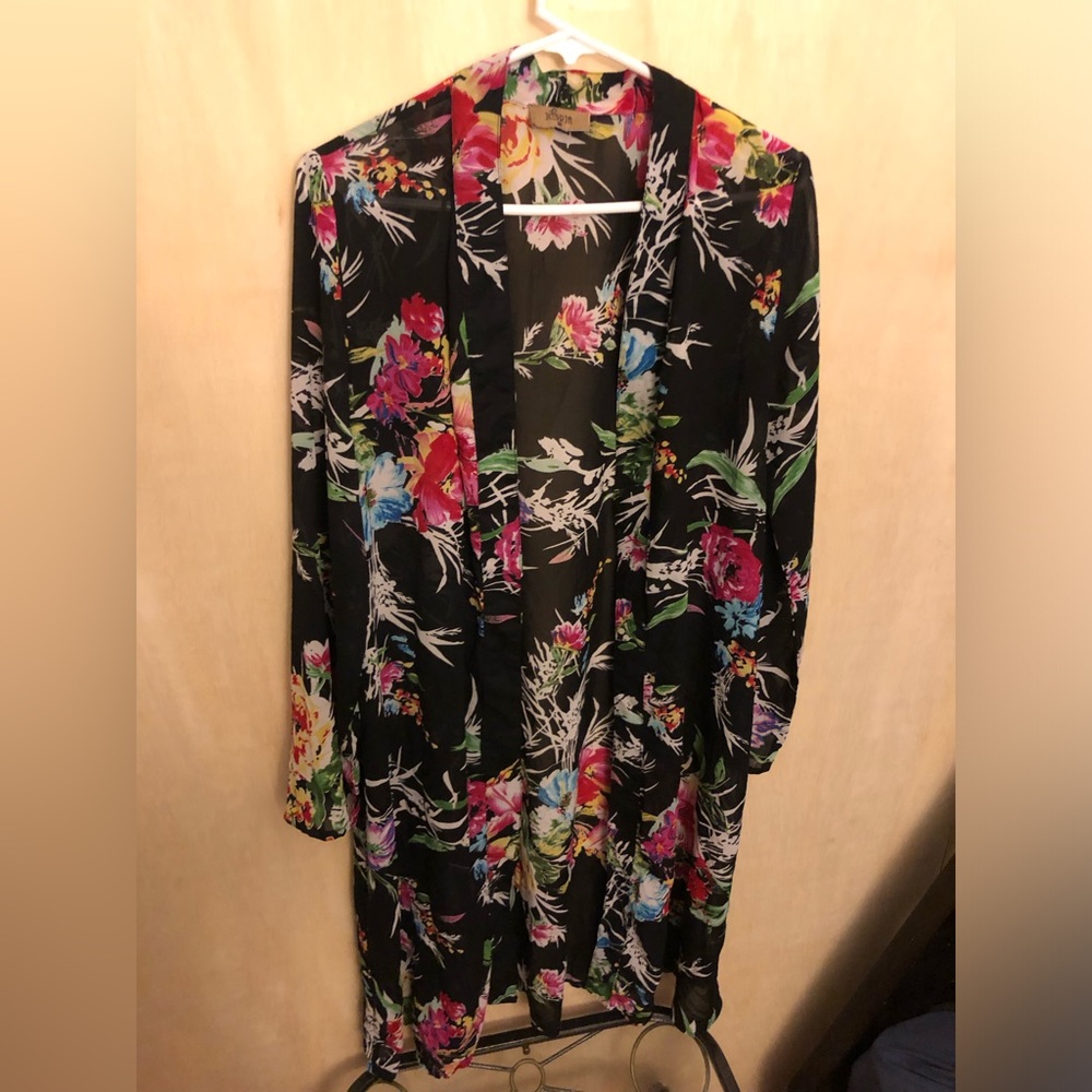 Jorja Womens Sheer Black Floral Kimono Top Size M